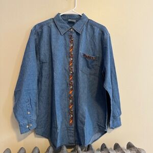 Vintage Women's Denim Long Sleeve Shirt Embroidered Leaf Orange Blue Size L Boho